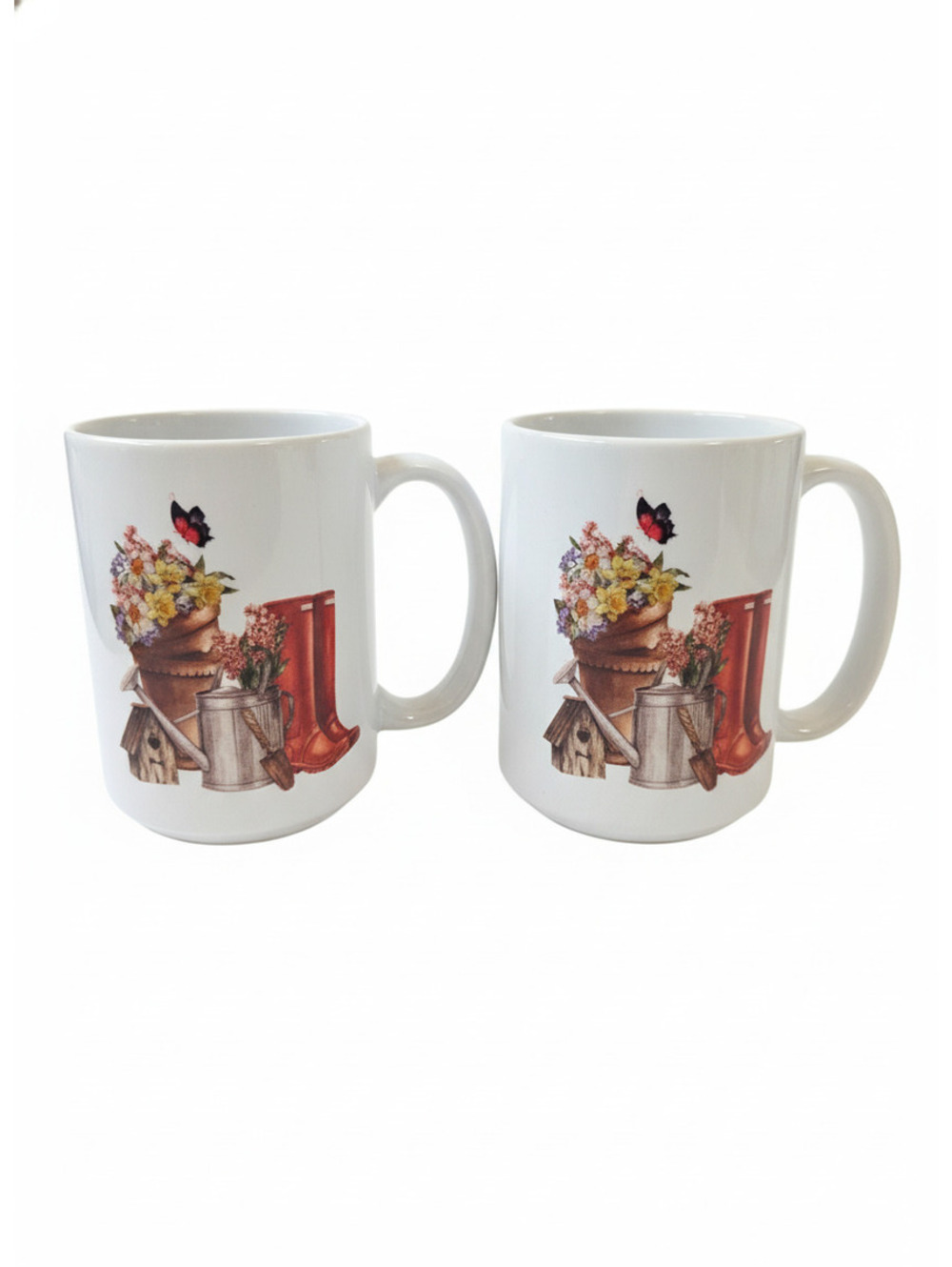 Set of 2 White Ceramic Garden-Themed Coffee Mugs